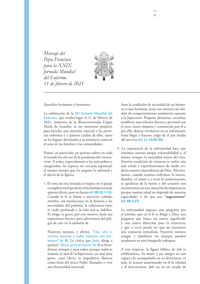 Labor Hospitalaria 2021-1_329_00_mensaje PAPA 329 | Mensaje del Papa Francisco para la XXIX Jornada Mundial del Enfermo